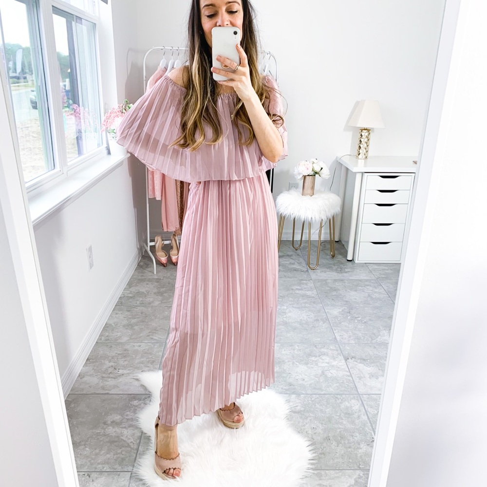 Dusty Pink Off Shoulder Ruffle Pleated Maxi Dress - Picture 9 of 12